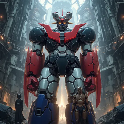  Modified Mazinger Z ,  Mazinger Z is 100 meters tall.   is built with modern materials such as steel ,   Carbon Fiber  ,   Other industrial elements are also visible  ,  Just like the real thing  ,   I'm standing in front of a tall tower where high voltag...