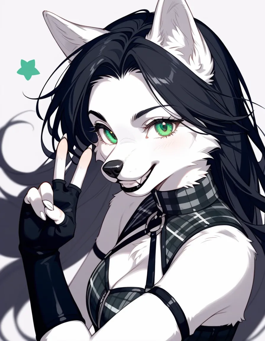  alone,  score_9,score_8_above,score_7_above, source_cartoon, source_ hair, an Anthro  hair white husky girl, green eyes, female Husky female dog , all white fur,  Long hair, smooth and white,  hair parted in half ,   black lips,white ears, White Tail, wea...