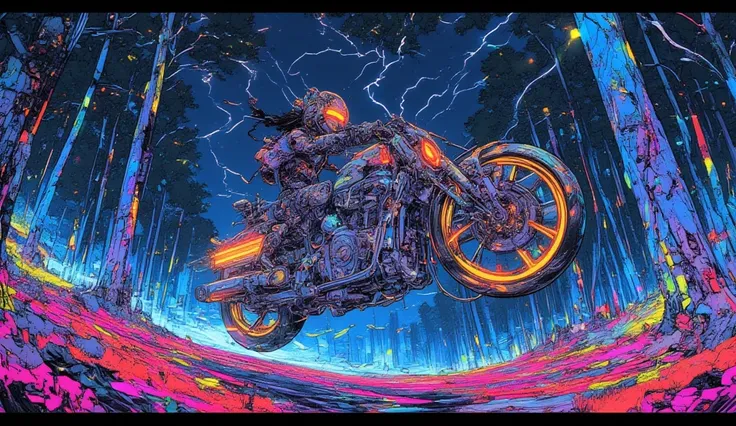 A female cyborg warrior riding a biomechanical anti-gravity motorcycle in an enchanted forest illuminated by psychedelic lightning. Ela faz um wheelie (Willy) while colored rays cut through the dark sky. The trees shine with bioluminescence, creating a mag...