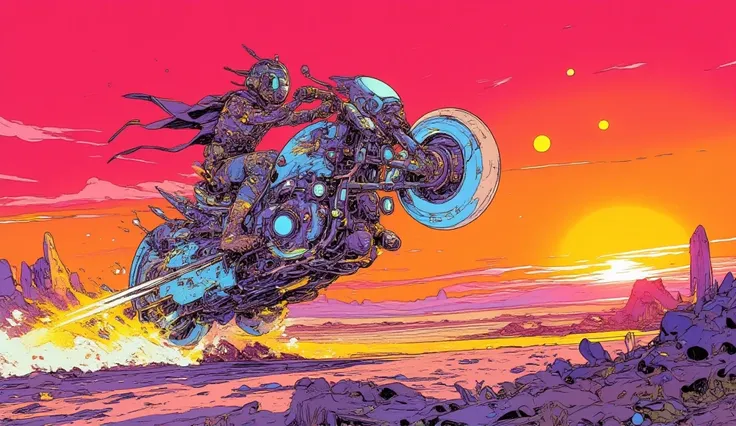 A technological shaman travels through the alien desert riding a flamboyant hovercraft motorcycle. He lifts the front wheel in an epic movement (Willy), while the surrounding crystals emanate multicolored lights that blend Crimson sky. The horizon is fille...