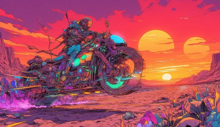 A technological shaman travels through the alien desert riding a flamboyant hovercraft motorcycle. He lifts the front wheel in an epic movement (Willy), while the surrounding crystals emanate multicolored lights that blend Crimson sky. The horizon is fille...