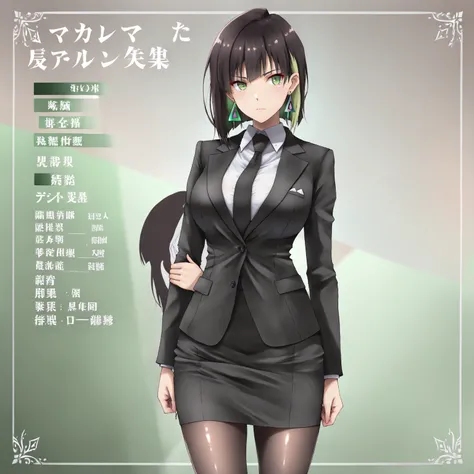 masterpiece, (((( best quality )))),1 girl, Japanese Anime ,character profilele,shiny skin, wearing a black suit,skirt suit, black tie , dark hair, short bob hair,The inner color of the hair is green, green eyes,isosceles triangle earrings, black tights,la...