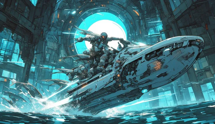 A cyberpunk biker crosses the ruins of a submerged futuristic city, riding a jet ski equipped with luminous propellers. He creates an impressive wheelie (Willy) while schools of metallic fish circulate around him. The light of the motorcycle's headlights r...