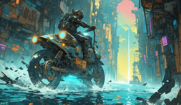 A cyberpunk biker crosses the ruins of a submerged futuristic city, riding a jet ski equipped with luminous propellers. He creates an impressive wheelie (Willy) while schools of metallic fish circulate around him. The light of the motorcycle's headlights r...