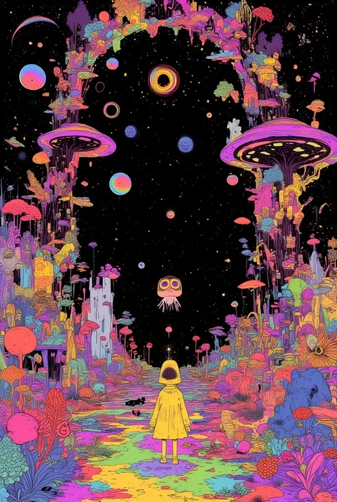  Digital Rendering ,Disc-shaped UFO and girl looking up,Plants and Stars Drawn in Vivid Colors on the Theme of Nature and Space々 and fantastical landscapes,owl forest,Infinity of the Universe and the Mysteries of Nature,Purple lake ,Repetition and dissolut...