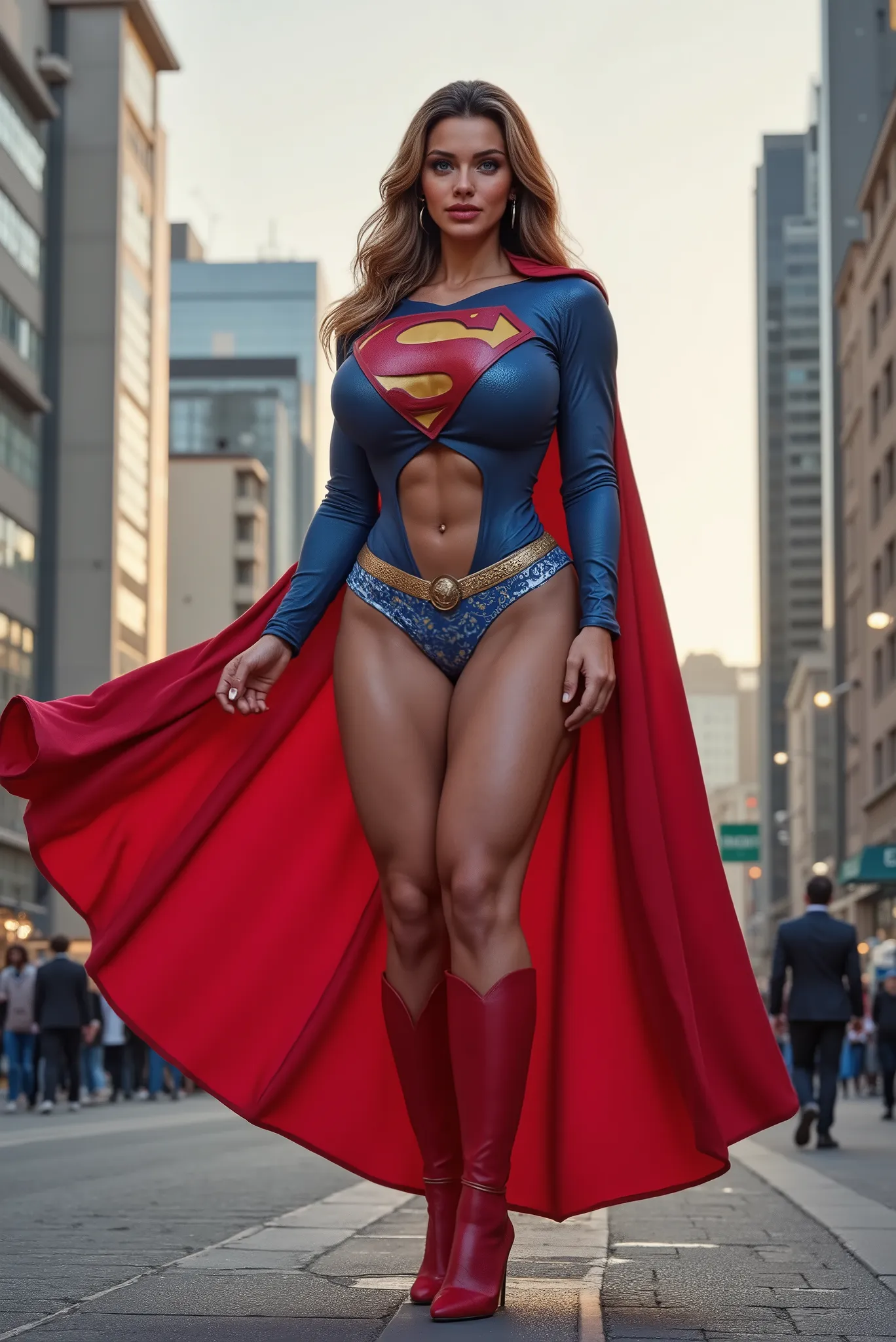 Full body portrait of A 28 years blond  woman  AS SUPERGIRL WEARING A SEXY SUPERMAN SUIT AND CAPE, IN A city, from a distance, blue eyes.