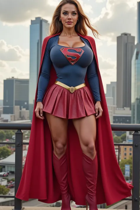 Full body portrait of A 28 years blond  woman  AS SUPERGIRL WEARING A SEXY SUPERMAN SUIT AND CAPE, IN A city, from a distance, blue eyes.