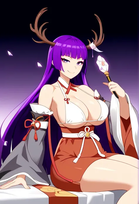  score_9,  score_8_arriba,  score_7_arriba,   source  _animated, EE.UU, 1 girl, Alone ,  Japanese clothing, removable sleeves,  purple-eyed ,  long hair, purple hair, Also, Also skirt, red Also, antlers, skirt, hime cut, Monkey,  smile, looking at the spec...