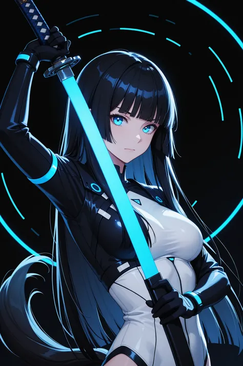 masterpiece, top quality , great quality, Character Focus , minimalist, Side Angle , upper body, hime cut, Long horse tail , cybernetic ,I have Katana, pose,dynamic angle, focus on face , viewers, Backlight, one side light ,round background , with blue neo...