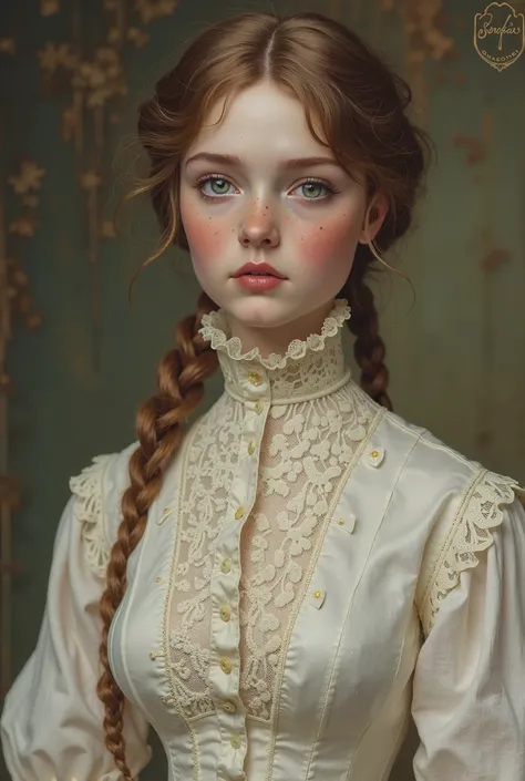 A Victorian Gibson girl in a semi-realistic style, wearing a lacy white blouse with subtle wrinkles and pleats adjacent to the button line.

Only the view of her upper body. The collar reaches up to her neck.

She has brown hairs braided back and and pale,...