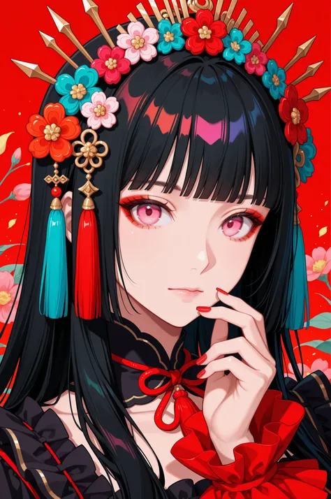 woman, solo, red nails, looking at viewer, bangs, pink eyes, long hair, black hair, hair ornament, hand up, flower, blunt bangs, closed mouth, tassel, ribbon, portrait, colorful, red background, frills, multicolored hair, upper body,