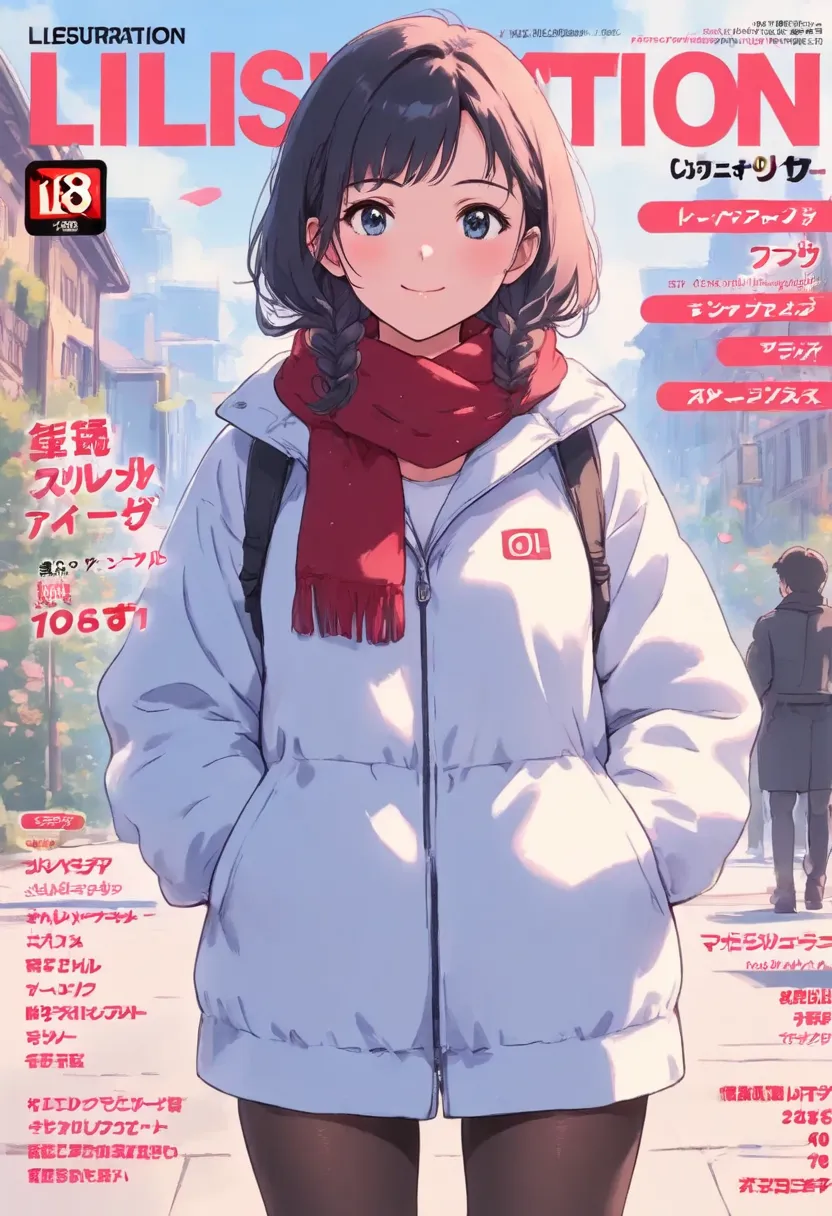 magazine cover(((best quality))),(((super detailed))),(((Masterpiece))),illustration,1 girl,detailed face,ok,smile,windbreaker,scarf,pantyhose,