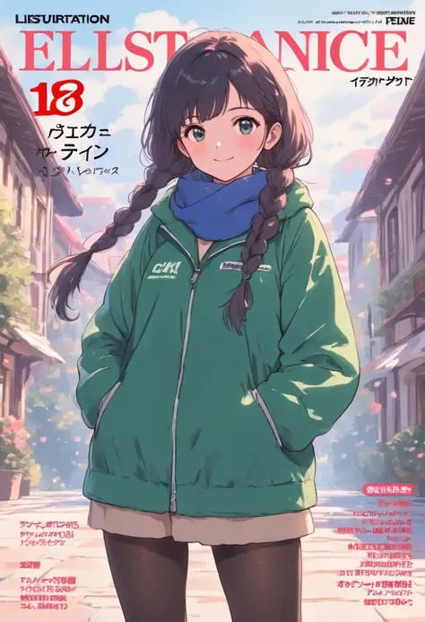 magazine cover(((best quality))),(((super detailed))),(((Masterpiece))),illustration,1 girl,detailed face,ok,smile,windbreaker,scarf,pantyhose,