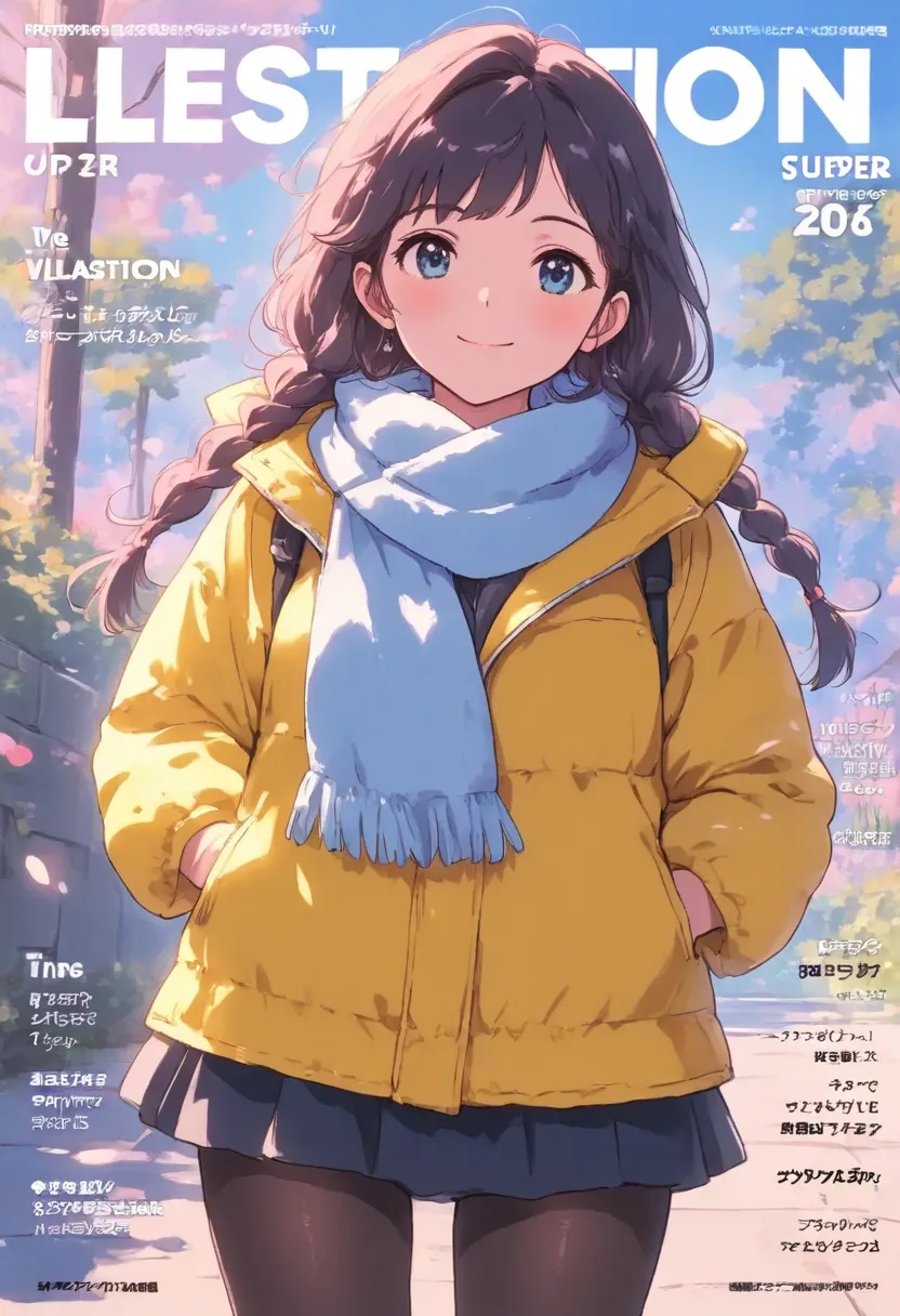 magazine cover(((best quality))),(((super detailed))),(((Masterpiece))),illustration,1 girl,detailed face,ok,smile,windbreaker,scarf,pantyhose,