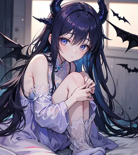 A cinematic close-up of a mysterious, nocturnal sleep paralysis demon-girl with long, flowing dark hair, adorned with small horns and bat-like wings. She wears a deep blue nightgown with delicate lace details, a matching sleep cap, and fluffy slippers shap...