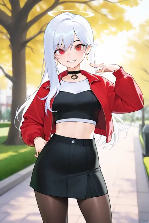 1girl, white long hair, red eyes, casual cool outfit, in a park, looking at wiever, smile, greeting, daytime, dynamic lighting, sunny day, cool pose, pantyhose, skirt, crop top and jacket, choker, beatiful