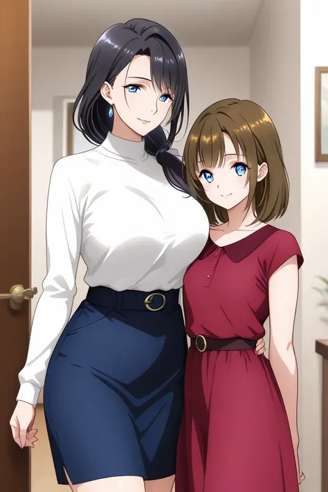 In the otome style she creates an image of a mature woman aged 43 years on average with a voluptuous body, black hair and blue eyes, And next to her daughter an athletic ager, around 18 years old with brown hair and blue eyes