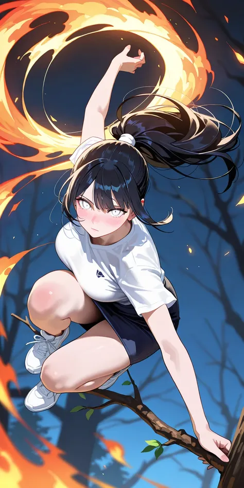 Masterpiece, newest, vibrant, very aesthetic, high contrast, mature woman, hinata hyuga, black hair, pony hair, straight hair, high ponytail long hair, white eyes, white short sleeve blush, dark blue platted mini skirt, white sneakers, full body, expressio...