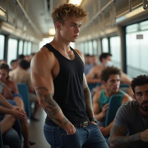  Young  muscular handsome   guys, white European guy, 16yo,  tattoos, wearing skinny jeans, belt, in tight sleeveless vast, wearing sleeveless vast, cute  face, very young guys, 18 years old , 18 years old ,  in the train standing, front view,  blond short...