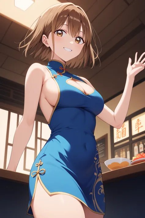 masterpiece,best quality,{{detailed beautiful face and eyes}}, very detailed background,
Chinatsu Kano,{{{megami magazine}}},short hair,brown hair,hair between eyes,brown eyes,medium breasts,
((bare shoulders,blue china dress,blue chinese clothes,blue shor...