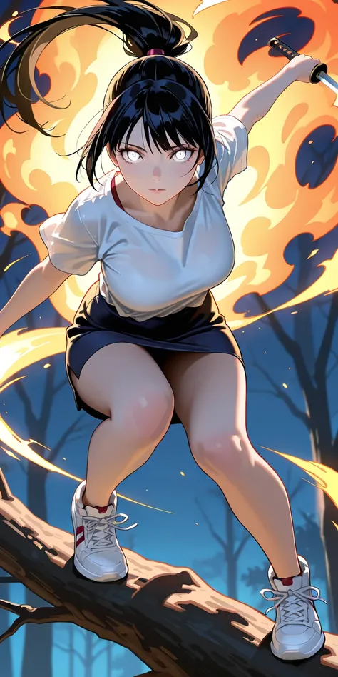 Masterpiece, newest, vibrant, very aesthetic, high contrast, mature woman, hinata hyuga, black hair, pony hair, straight hair, high ponytail long hair, white eyes, white t-shirts, dark blue platted mini skirt, white sneakers, full body, expressionless, sha...