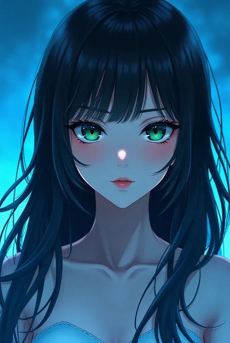 a female anime manhwa character with long black hair, green hunter eyes, White skin, beautiful nose and red lips. and blue background 