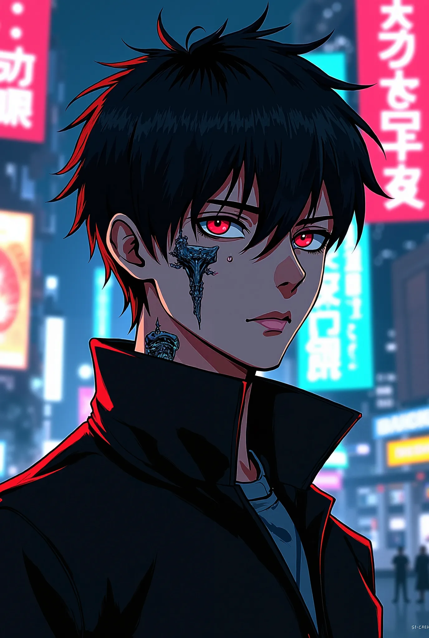 Male villain character with scars from anime based on the number seven cyberpunk style 2D manga 