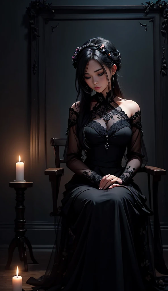  woman seated, black dress, Essence of mourning, With black flowers on their hands,  long dress ( outfit) 
(excellent quality)
Candles lighting up the room, Black dimly lit wall background