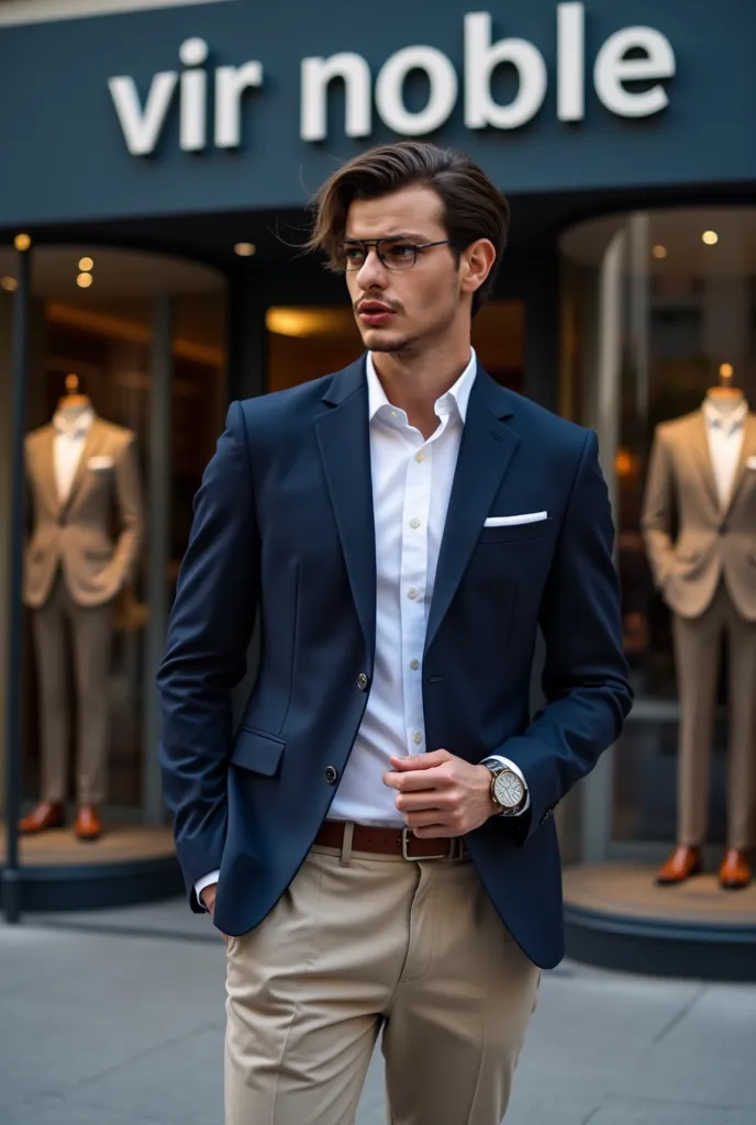 An elegant 27-year-old man stands in front of a sophisticated men's fashion store called 'Vir Noble'. He has a defined lean physique,  fair skin with a light tan , slightly wavy dark brown hair and grey-green eyes.  Her expression is confident and mysterio...