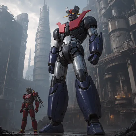  Modified Mazinger Z ,  Mazinger Z is 100 meters tall.   is built with modern materials such as steel ,   Carbon Fiber  ,   Other industrial elements are also visible  ,  Just like the real thing  ,   I'm standing in front of a tall tower where high voltag...