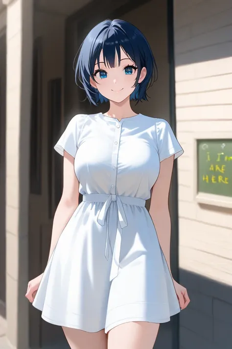 solo, 1 girl,  dark blue short hair, blue eyes,plain white dress,( white clothes)Short sleeve,Breasts that are about the size of a good size,outside, random cute poses ,smile, sounds fun,I'm looking over here,side, random angles