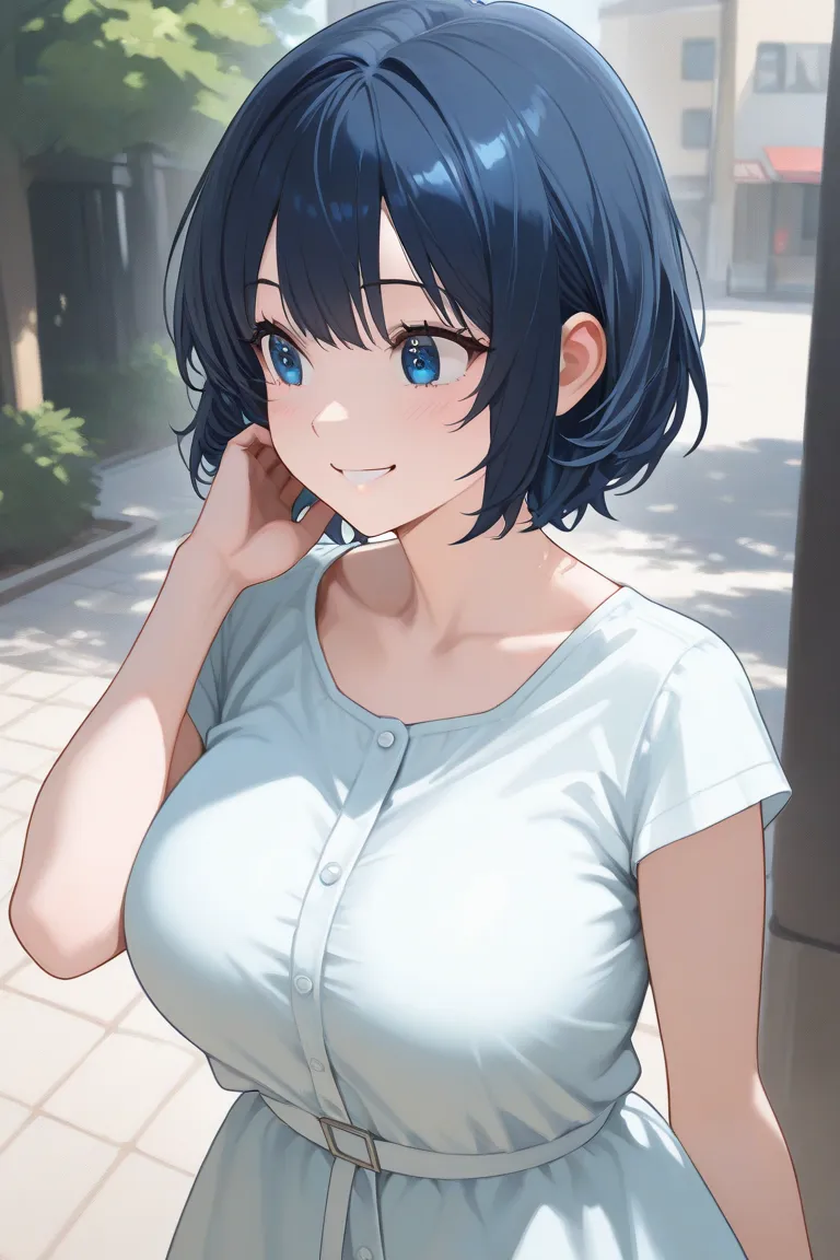 solo, 1 girl,  dark blue short hair, blue eyes,plain white dress,( white clothes)Short sleeve,Breasts that are about the size of a good size,outside, random cute poses ,smile, sounds fun,I'm looking over here,side, random angles