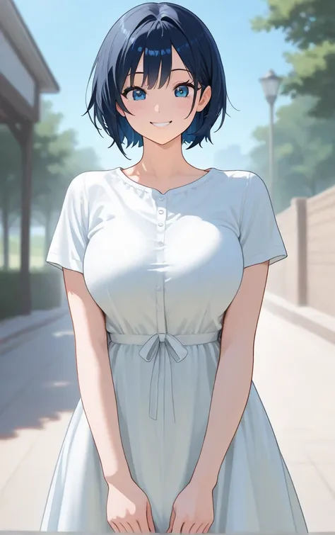 solo, 1 girl,  dark blue short hair, blue eyes,plain white dress,( white clothes)Short sleeve,Breasts that are about the size of a good size,outside, random cute poses ,smile, sounds fun,I'm looking over here,side, random angles