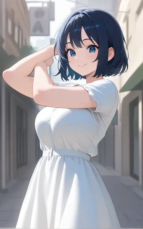 solo, 1 girl,  dark blue short hair, blue eyes,plain white dress,( white clothes)Short sleeve,Breasts that are about the size of a good size,outside, random cute poses ,smile, sounds fun,I'm looking over here,side, random angles