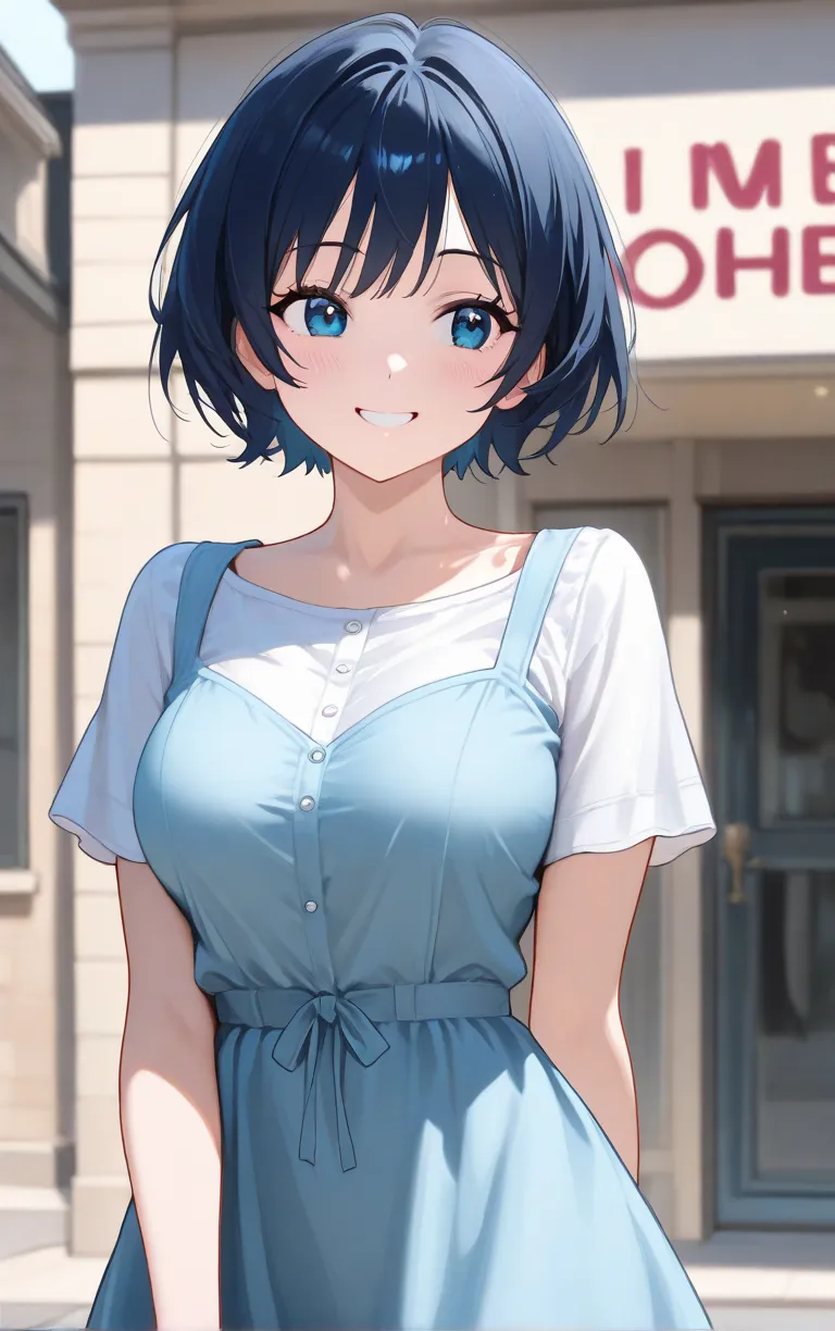 solo, 1 girl,  dark blue short hair, blue eyes,plain white dress,( white clothes)Short sleeve,Breasts that are about the size of a good size,outside, random cute poses ,smile, sounds fun,I'm looking over here,side, random angles