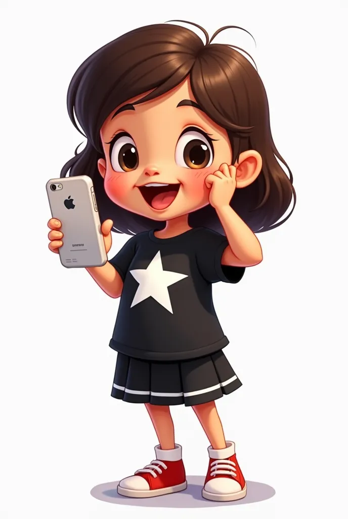 A full body cartoon image, disney, of a girl taking a selfie.  she wears a black shirt with a white star in the center,    black skirt with white hem  . 