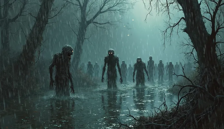 Pain suffering and death, Souls and zombies crawling in a rainy swamp