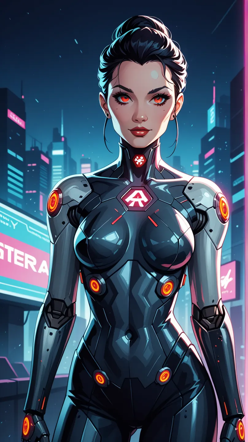 A beautiful Japanese woman with visible cybernetic enhancements, biomechanical features, and intricate gears embedded in her sleek, futuristic body. She has glowing red eyes and a perfect, symmetrical face with an intense gaze, looking directly at the came...