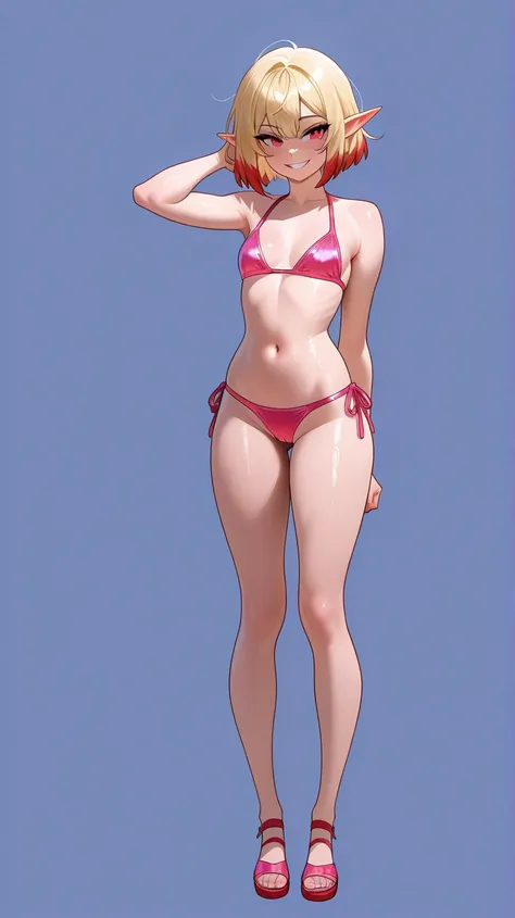 ultra-detailed, full-length, 1girl elf, elf ears, (beautiful face), (), detailed eyes, pink bikini suit, Drenched shortcut blond hair, (scarlet clear red eyes, tsurime), Carmelto, Sexy body, grin smile, short-hair, blond hair with burgundy tips of hair, bu...