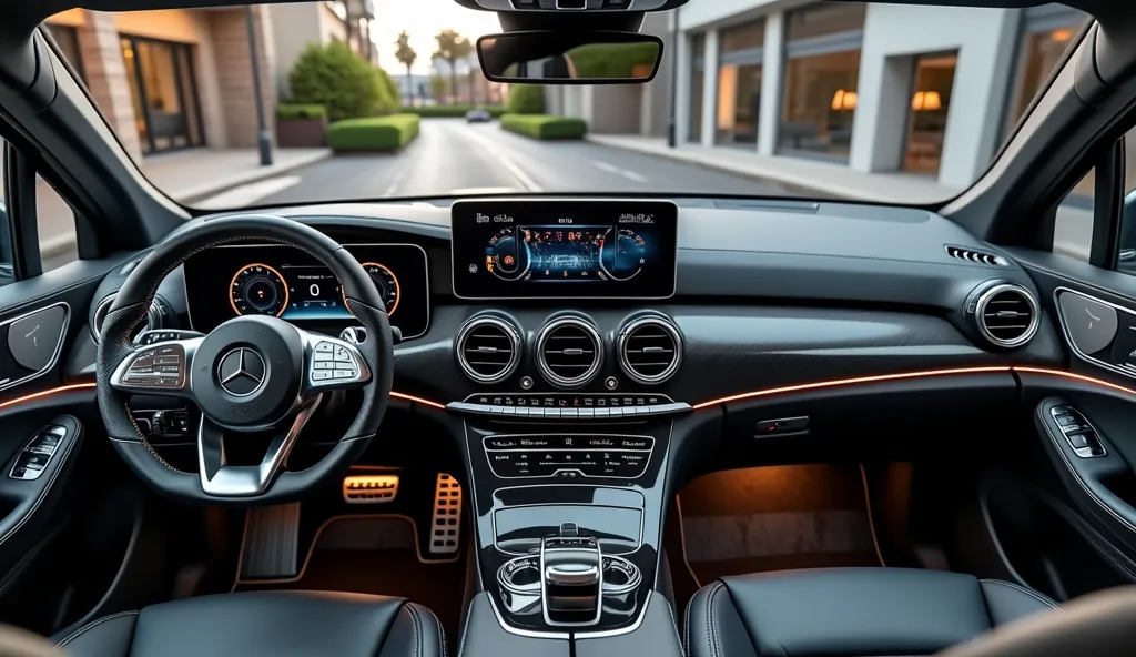 "Create an ultra-realistic render of the 2025 Mercedes-Benz GLE interior with a futuristic and stylish design. Upgrade the dashboard with a seamless, curved digital display that integrates both the instrument cluster and infotainment system for a high-tech...