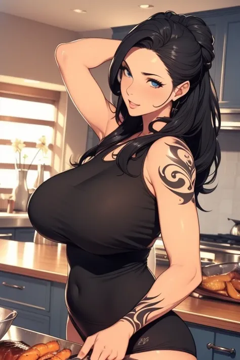 (high quality) Long haired mature woman, ((42 year old woman)), ((black colored hair)), deep blue eyes, ((perfect body)), lean yet busty, perfect curves, ((in the kitchen with her hair tied up)), big round breasts, ((tattoos on the arms)), cooking lunch, c...