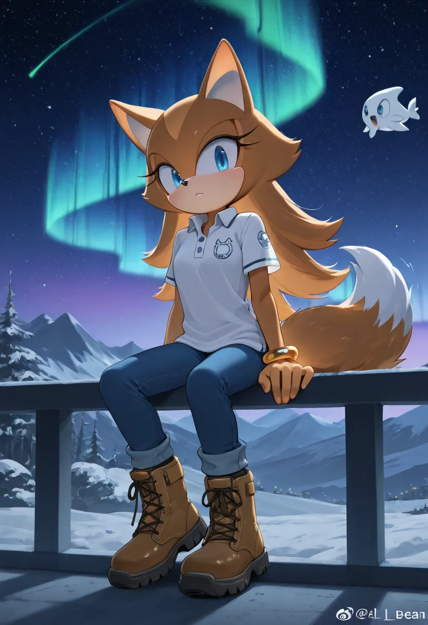 He was also very casually dressed-blue jeans, a polo shirt, and L.L. Bean hiking boots.,sonic channel (style),aurora borealis, aurora, starry sky, night,Whisper the wolf, blue eyes, brown body fur