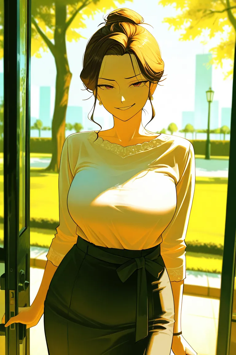 masterpiece, newest, absurd res, high res , amazing quality, all intricate, focus on entire screen, perfect anatomy, natural lighting, vividly colored, Detailed Background, out doors, park, looking down at the viewer, 1 Mature woman, solo, 30 years old, ta...