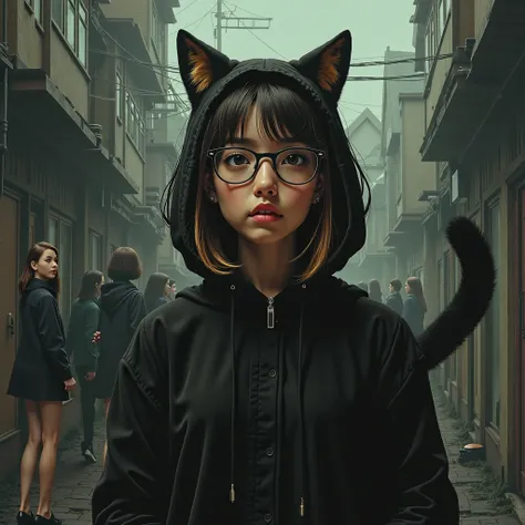 The hairstyle is shoulder-length bob。Hair color is earring color and highlights。 Wears Glasses、The two-class system、 is facing the front、 girls on the left。I'm wearing a cat costume。3D animated characters