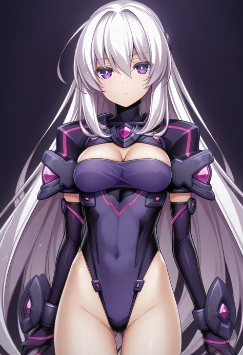 masterpiece, best quality,  ((exslave outfit)), no pants,white hair, purple eyes, void eyes, expressionless, spica,inoino,medium breasts,standing at attention, looking at viewer, simple background, dark background,