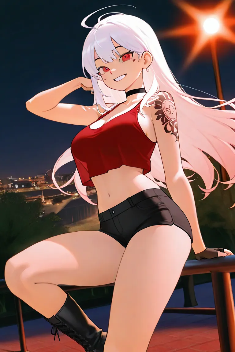 1girl, white long hair, red eyes, casual cool outfit, in a park, looking at wiever, smile, greeting, daytime, dynamic lighting, night, cool pose, mini shorts, armless crop top, red ,choker, beatiful, tattoo on shoulder, detailed background, red singlet und...