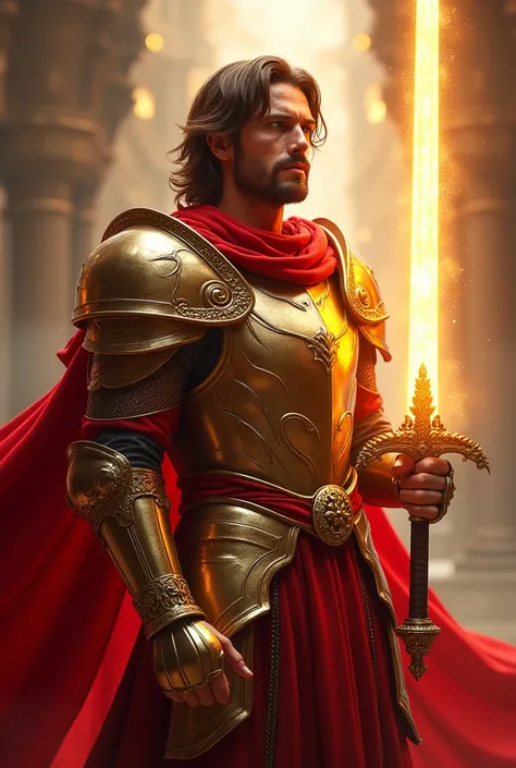 In a divine setting,   a sacred paladin remains strong  ,  adorned with magnificent red and gold armor . Shoulder-length brown hair and short beard.   The illuminated sword of line he wields emits a powerful glow ,   representing his unwavering devotion to...