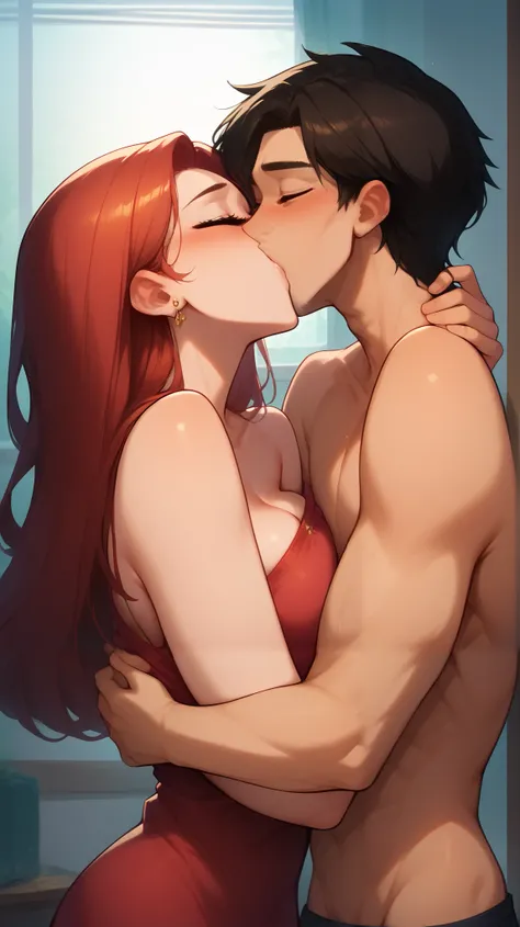 Shirtless boy kissing a sexy woman wearing a saree near a windowsill, natural light beaming through window, passionate, intensely intimate, lustful, hot, hugging tight, both blushing intensely