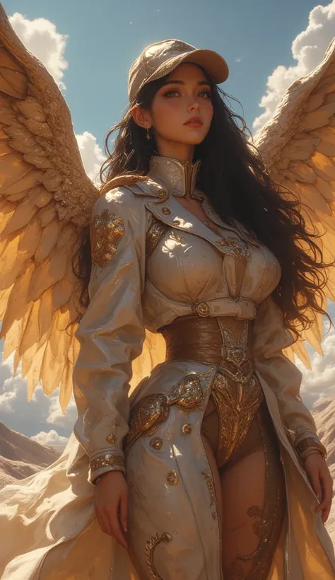 Niviara the angelic Commander, goddess of beauty from planet Heaven, a Mongolian superbeauty face,voluptuous slender body, thick long Black perfect hair, angelic face, Soft Brown Paper wings, wear Soft Brown and deep black military style sensual dragon sca...