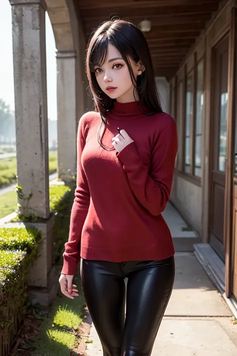 cute very young vampire girl. Long dark hair. She's lonely, but has fallen in love with you. She's been asleep for many years and is getting used to the modern world. She is enjoying a walk through some creepy stone ruins in a red sweater and black legging...